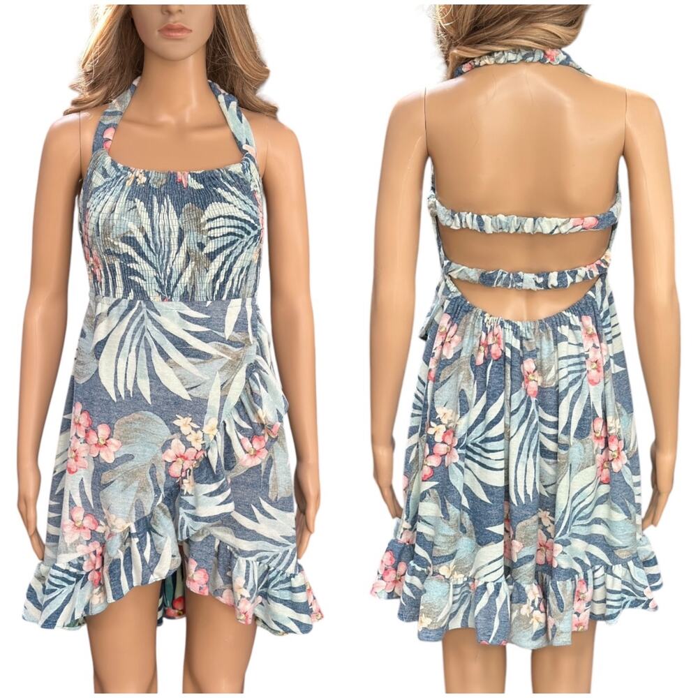 Hawaiian Terry reverse print wrap mini coverup dress smocked babydoll y2k XS